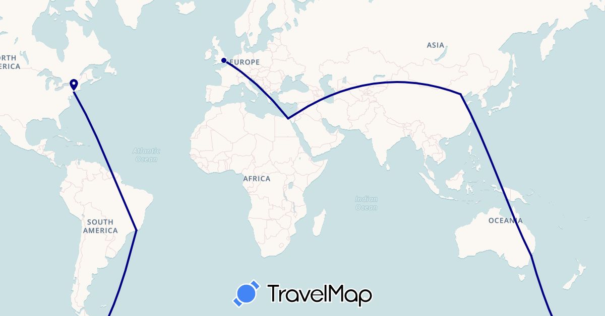 TravelMap itinerary: driving in Australia, Brazil, China, Egypt, United Kingdom, United States (Africa, Asia, Europe, North America, Oceania, South America)